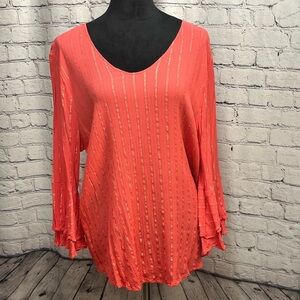 Liz Claiborne sz XL Coral Rayon Top w/Gold Stripes, Flared Sleeves & V Neck EUC
